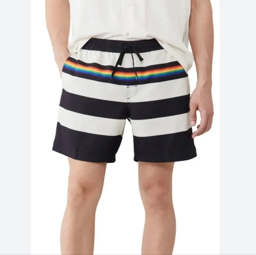 Vans Pride Collection Rainbow Striped Volley Swim Shorts Black Cream Medium NWT